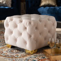 Baxton Studio TSFOT029-Light Beige/Gold-Otto Avara Glam and Luxe Light Beige Velvet Fabric Upholstered Gold Finished Button Tufted Ottoman